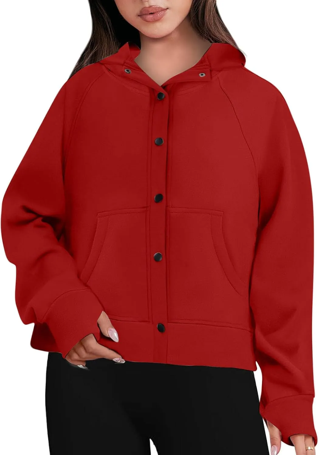 Womens Buttons Hoodies Fleece Sweatshirts Fall Outfits Jackets with Pockets Winter Clothes Cropped Sweatshirts