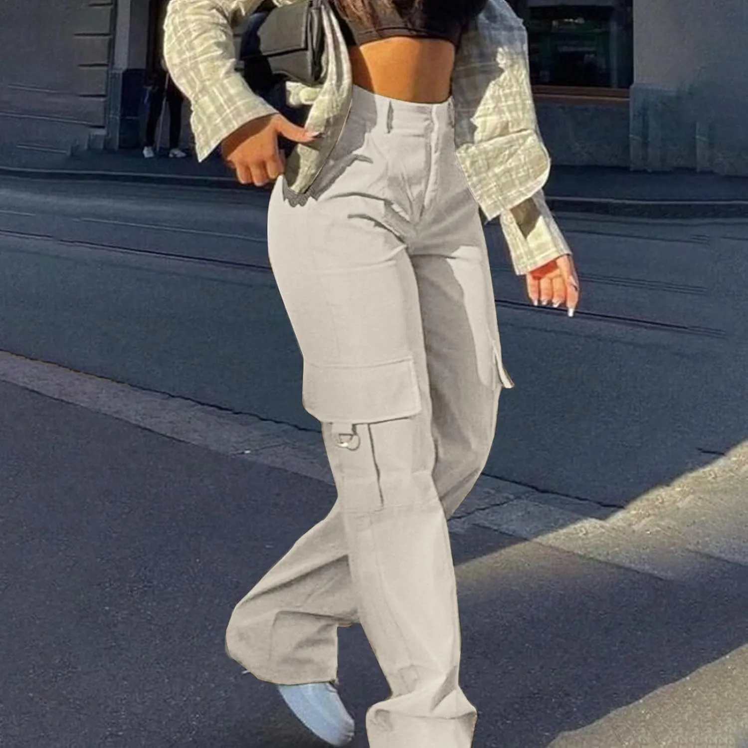 Womens Cargo Pants with Pockets Casual Fleece Baggy Sweatpants High Waisted Joggers Leggings for Women