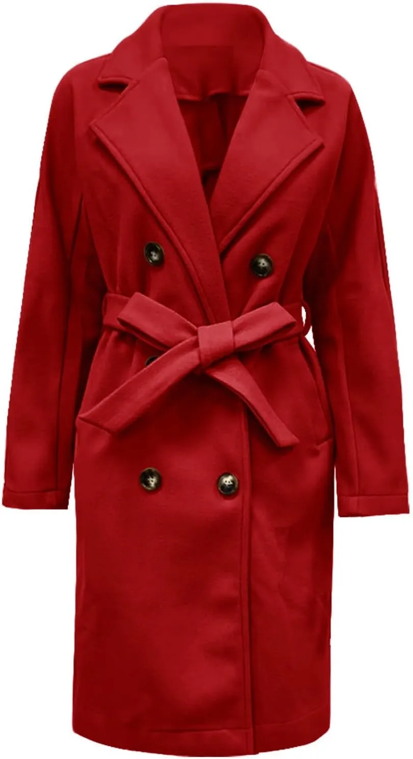 Womens Casual Long Sleeve Wool Blend Pea Coat Lapel Notched Collar Warm Midi Jacket Overcoat