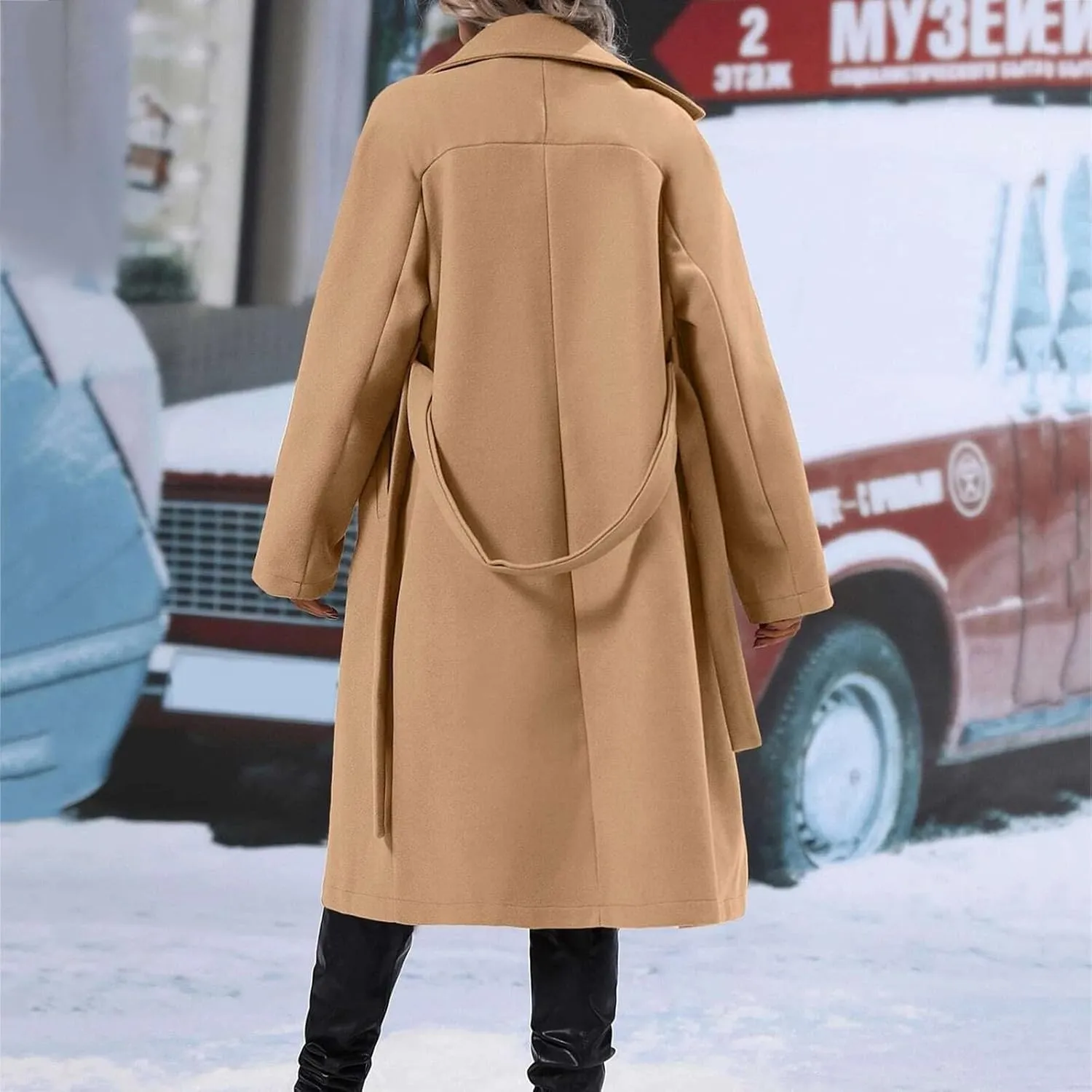 Womens Casual Long Sleeve Wool Blend Pea Coat Lapel Notched Collar Warm Midi Jacket Overcoat