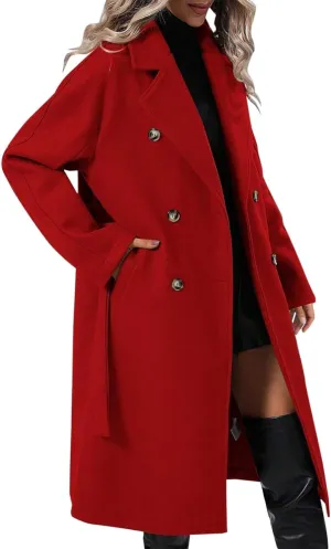 Womens Casual Long Sleeve Wool Blend Pea Coat Lapel Notched Collar Warm Midi Jacket Overcoat