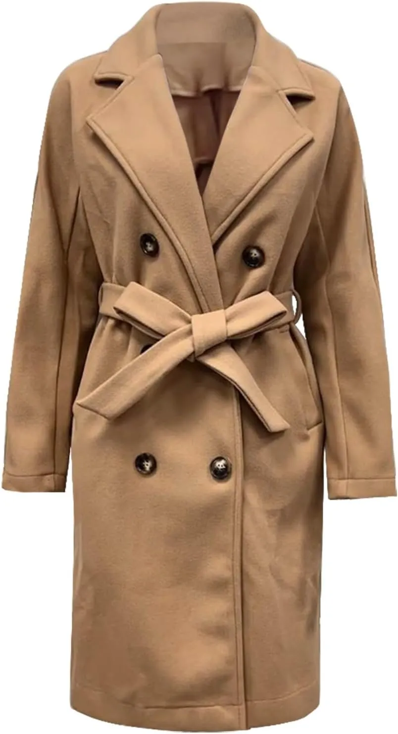 Womens Casual Long Sleeve Wool Blend Pea Coat Lapel Notched Collar Warm Midi Jacket Overcoat