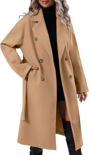 Womens Casual Long Sleeve Wool Blend Pea Coat Lapel Notched Collar Warm Midi Jacket Overcoat
