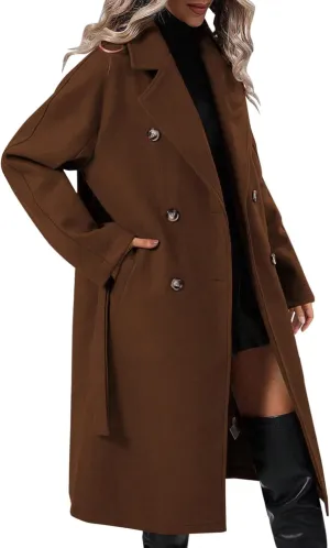 Womens Casual Long Sleeve Wool Blend Pea Coat Lapel Notched Collar Warm Midi Jacket Overcoat
