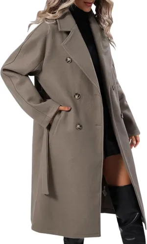 Womens Casual Long Sleeve Wool Blend Pea Coat Lapel Notched Collar Warm Midi Jacket Overcoat