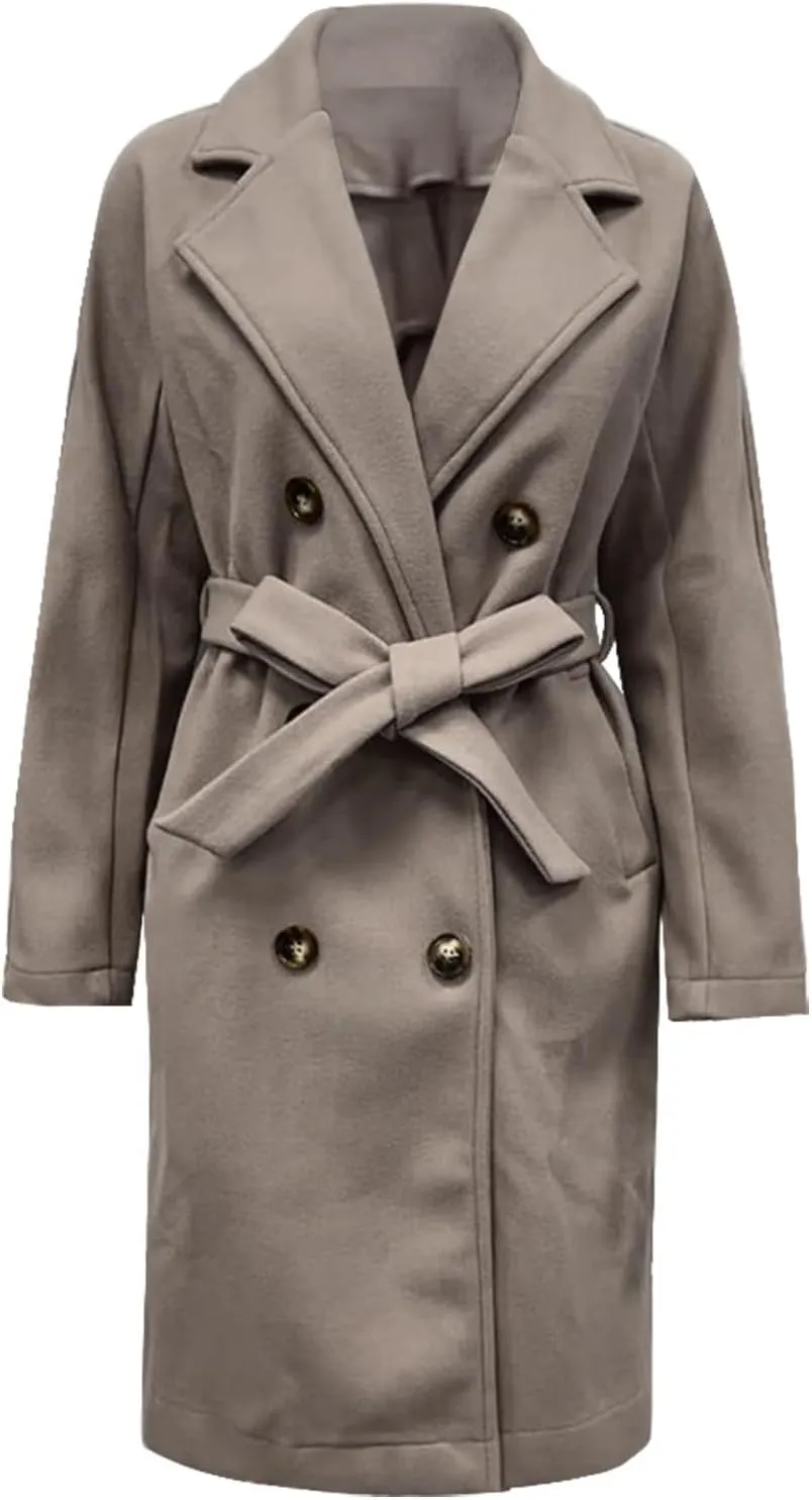 Womens Casual Long Sleeve Wool Blend Pea Coat Lapel Notched Collar Warm Midi Jacket Overcoat