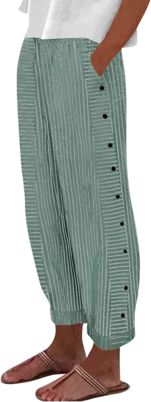 Women's Casual Pants Striped Side Button Elastic Waist Trendy Straight Leg Baggy Trousers with Pocket