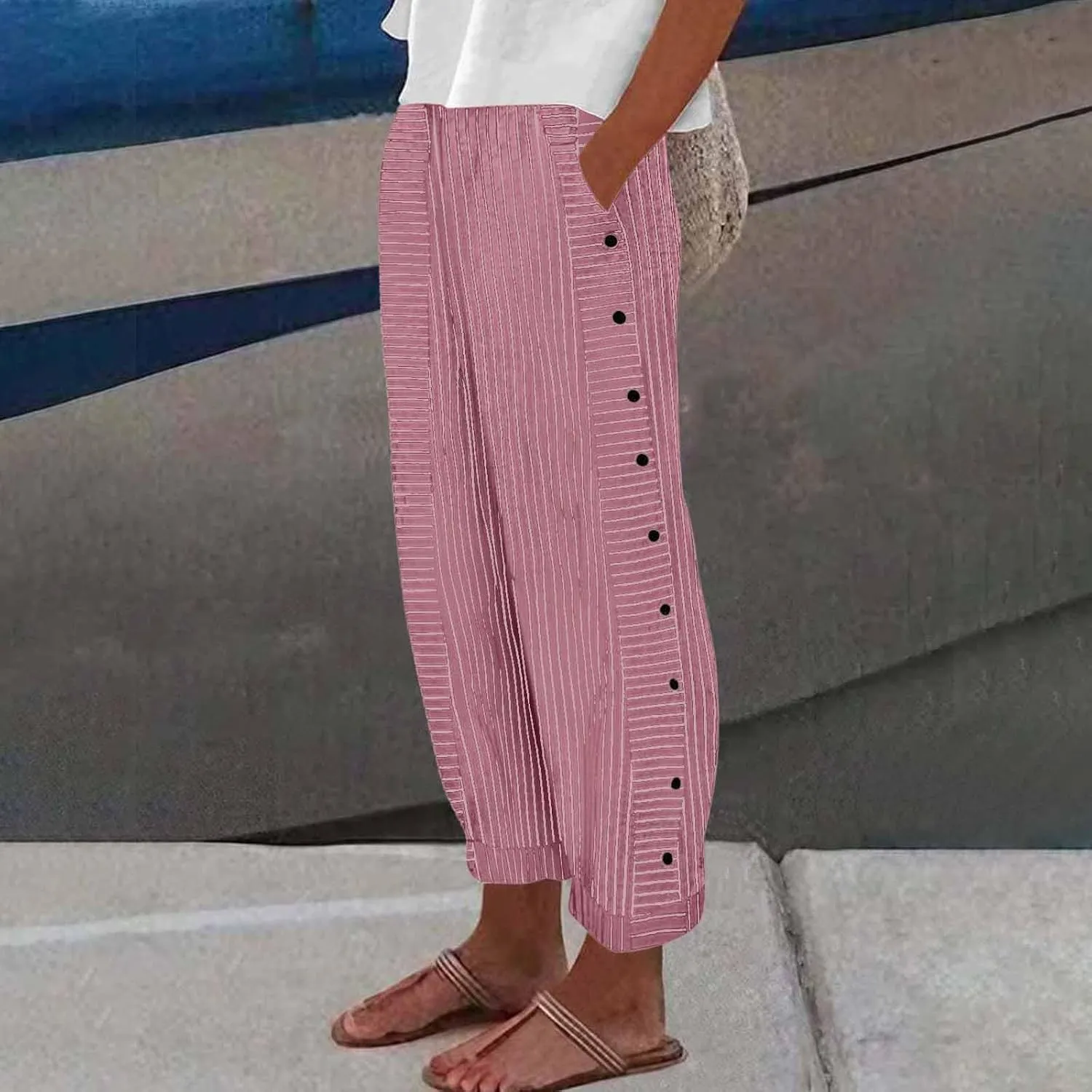 Women's Casual Pants Striped Side Button Elastic Waist Trendy Straight Leg Baggy Trousers with Pocket