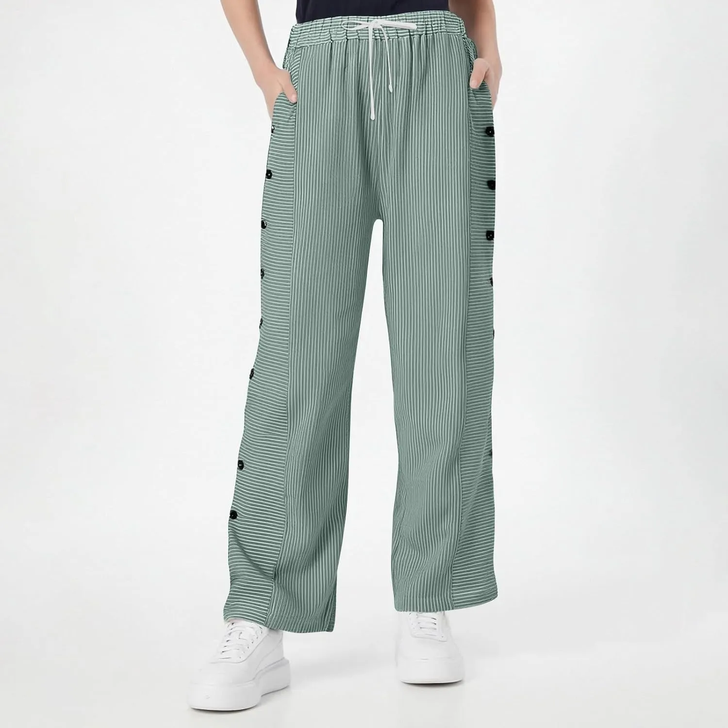 Women's Casual Pants Striped Side Button Elastic Waist Trendy Straight Leg Baggy Trousers with Pocket