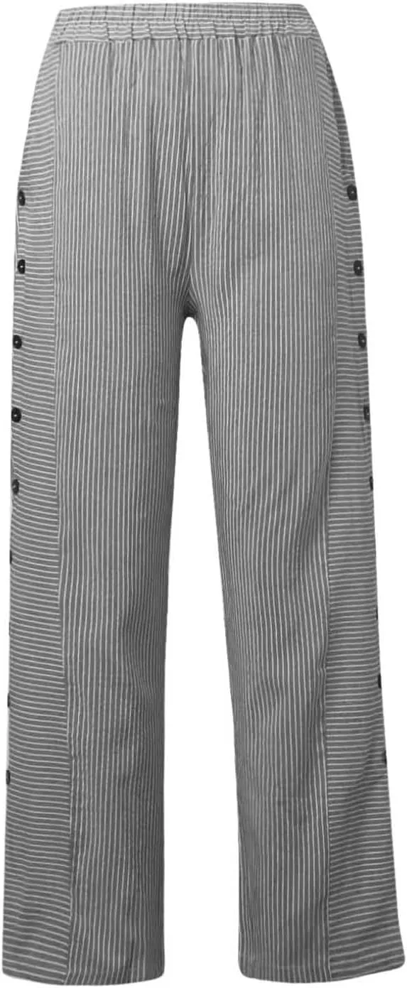 Women's Casual Pants Striped Side Button Elastic Waist Trendy Straight Leg Baggy Trousers with Pocket