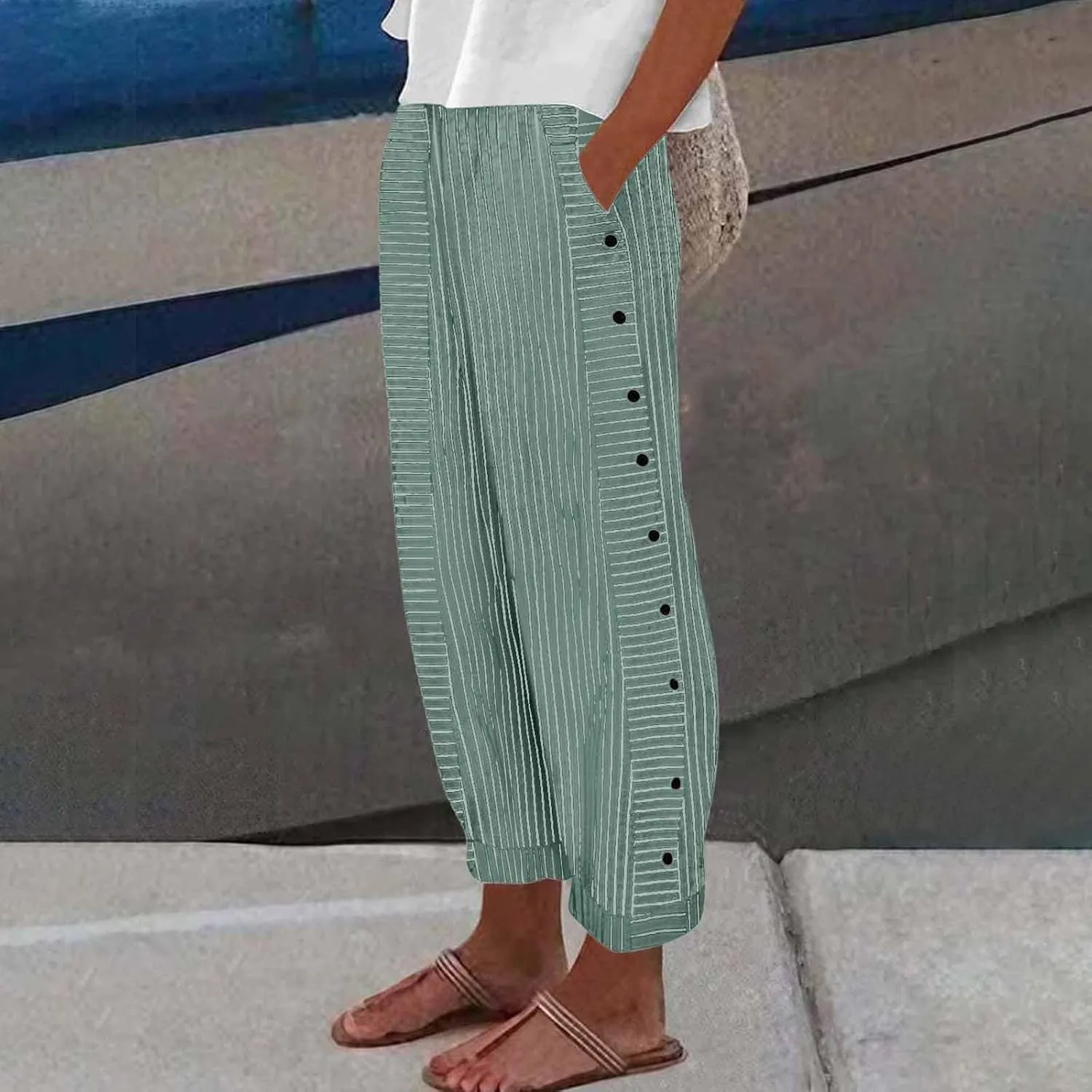 Women's Casual Pants Striped Side Button Elastic Waist Trendy Straight Leg Baggy Trousers with Pocket