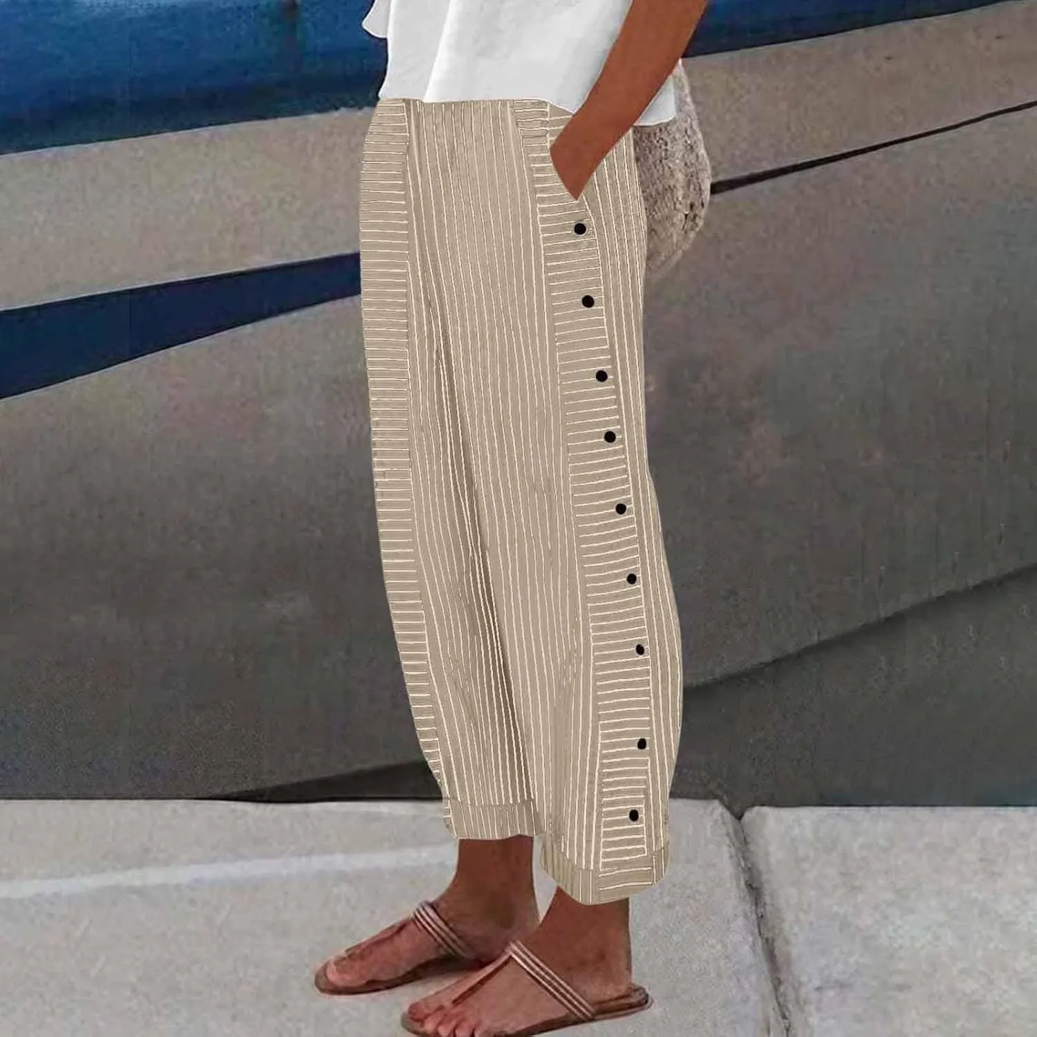 Women's Casual Pants Striped Side Button Elastic Waist Trendy Straight Leg Baggy Trousers with Pocket