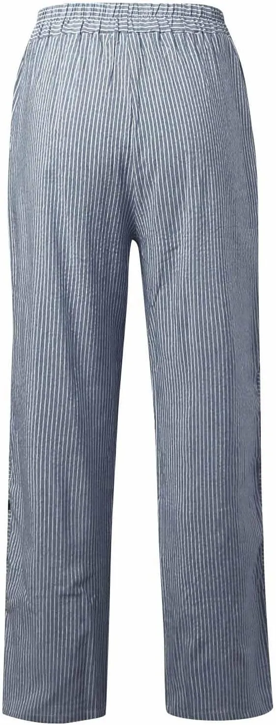 Women's Casual Pants Striped Side Button Elastic Waist Trendy Straight Leg Baggy Trousers with Pocket