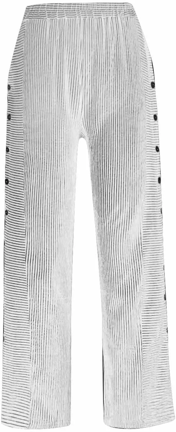Women's Casual Pants Striped Side Button Elastic Waist Trendy Straight Leg Baggy Trousers with Pocket