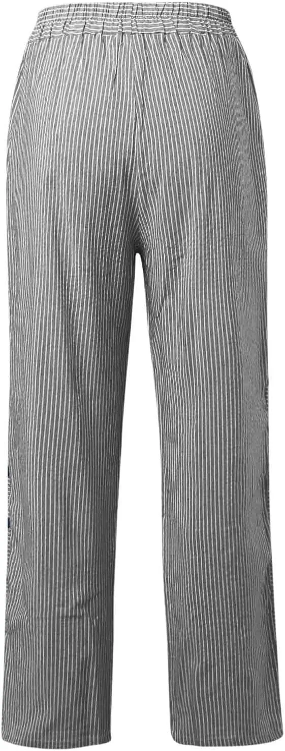 Women's Casual Pants Striped Side Button Elastic Waist Trendy Straight Leg Baggy Trousers with Pocket