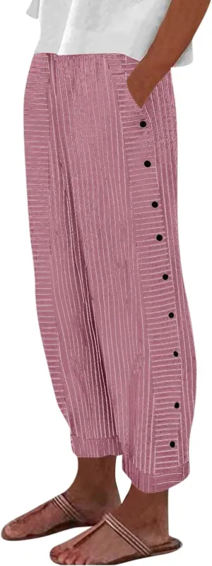 Women's Casual Pants Striped Side Button Elastic Waist Trendy Straight Leg Baggy Trousers with Pocket