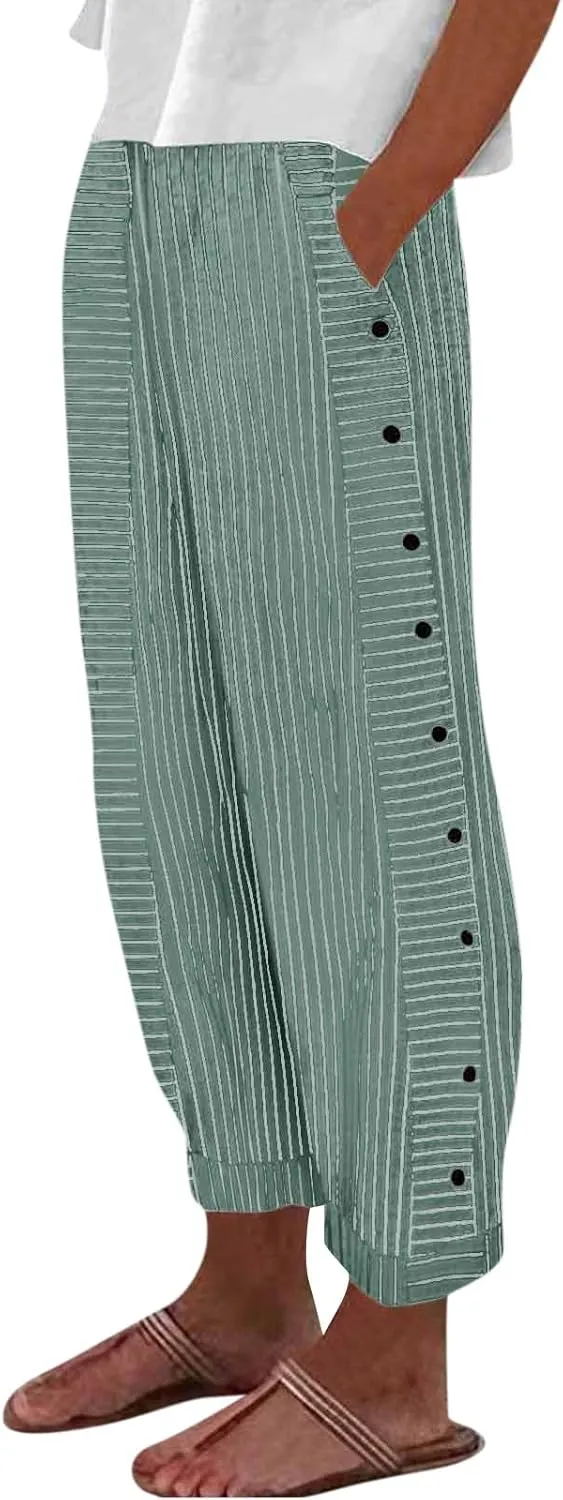 Women's Casual Pants Striped Side Button Elastic Waist Trendy Straight Leg Baggy Trousers with Pocket