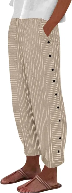 Women's Casual Pants Striped Side Button Elastic Waist Trendy Straight Leg Baggy Trousers with Pocket