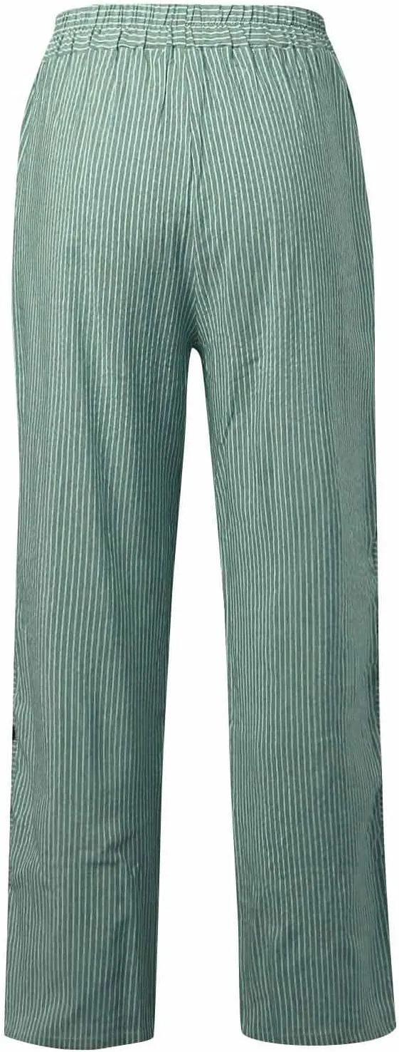 Women's Casual Pants Striped Side Button Elastic Waist Trendy Straight Leg Baggy Trousers with Pocket