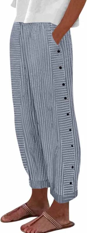 Women's Casual Pants Striped Side Button Elastic Waist Trendy Straight Leg Baggy Trousers with Pocket