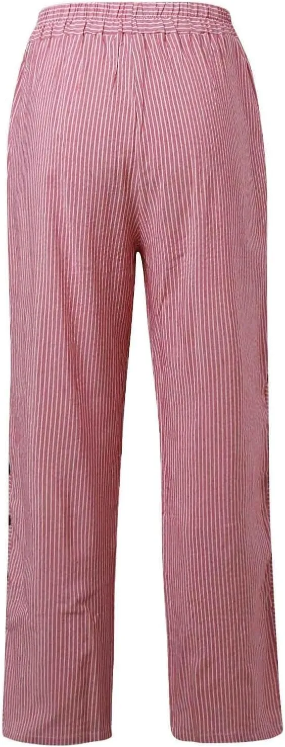 Women's Casual Pants Striped Side Button Elastic Waist Trendy Straight Leg Baggy Trousers with Pocket