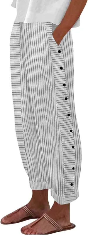 Women's Casual Pants Striped Side Button Elastic Waist Trendy Straight Leg Baggy Trousers with Pocket