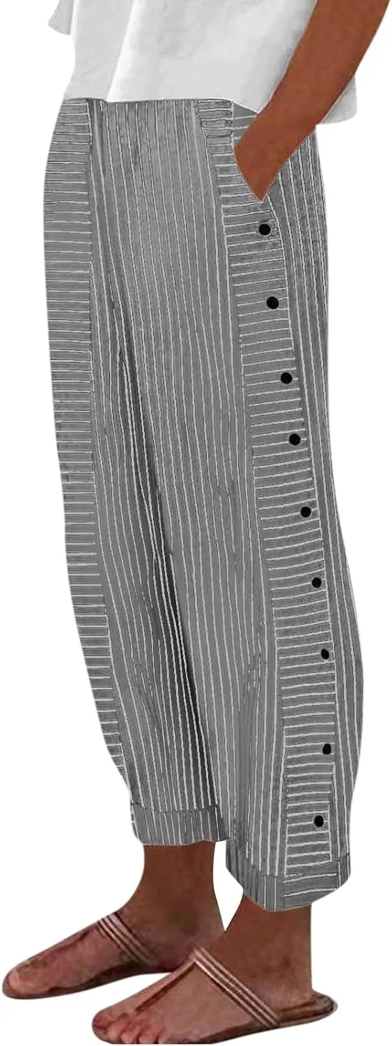 Women's Casual Pants Striped Side Button Elastic Waist Trendy Straight Leg Baggy Trousers with Pocket