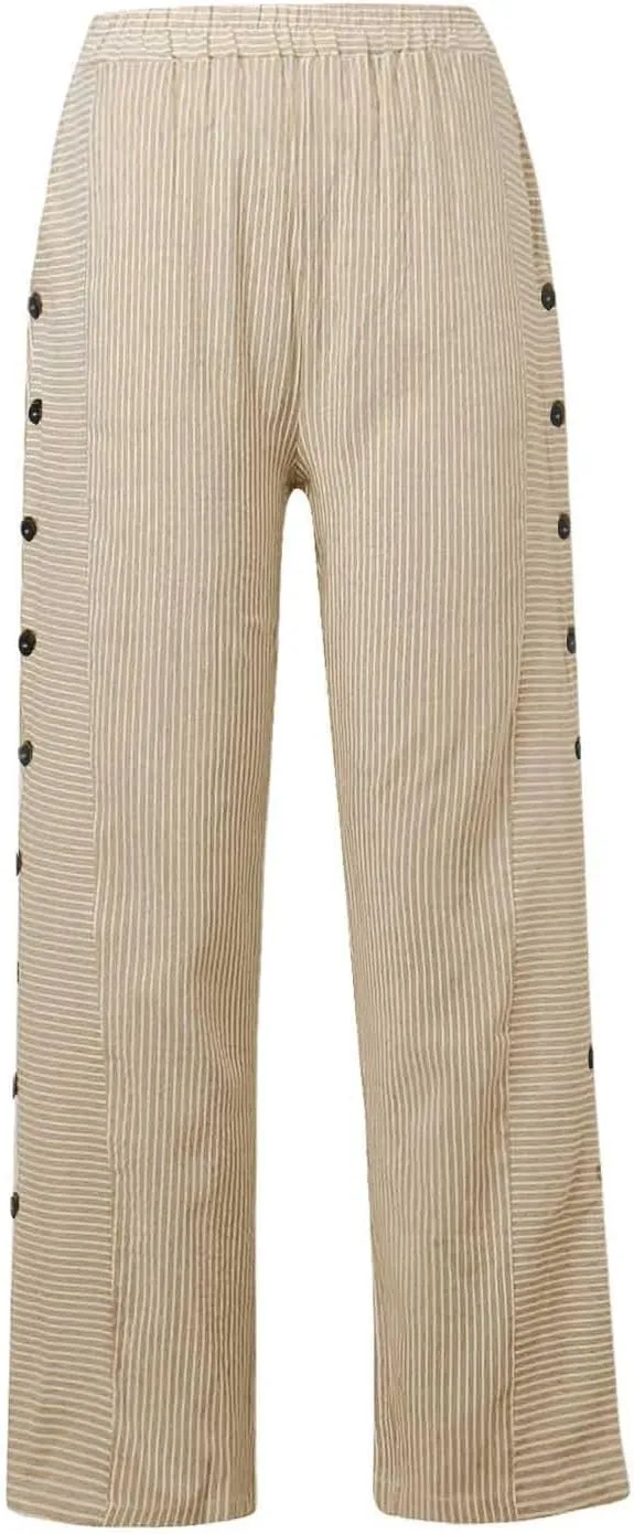 Women's Casual Pants Striped Side Button Elastic Waist Trendy Straight Leg Baggy Trousers with Pocket