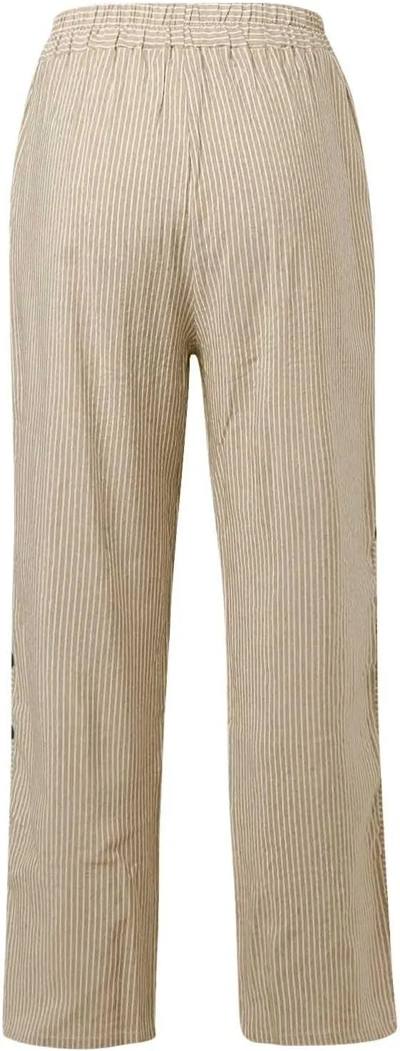 Women's Casual Pants Striped Side Button Elastic Waist Trendy Straight Leg Baggy Trousers with Pocket