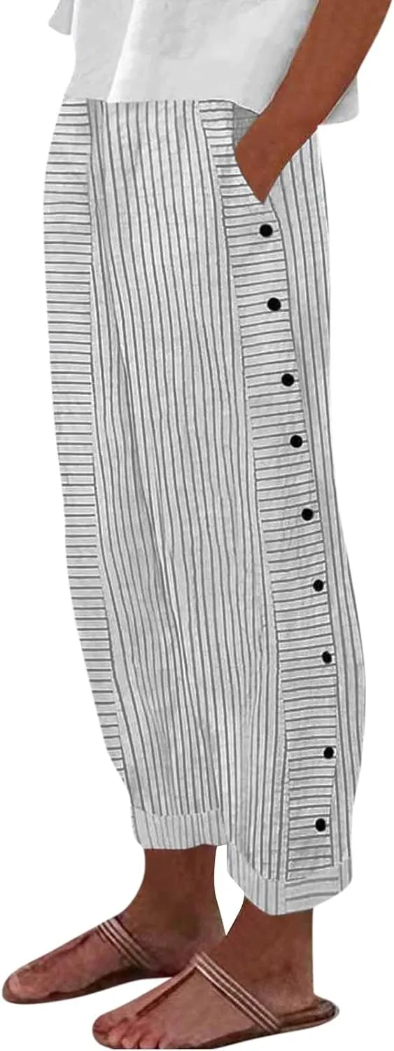 Women's Casual Pants Striped Side Button Elastic Waist Trendy Straight Leg Baggy Trousers with Pocket