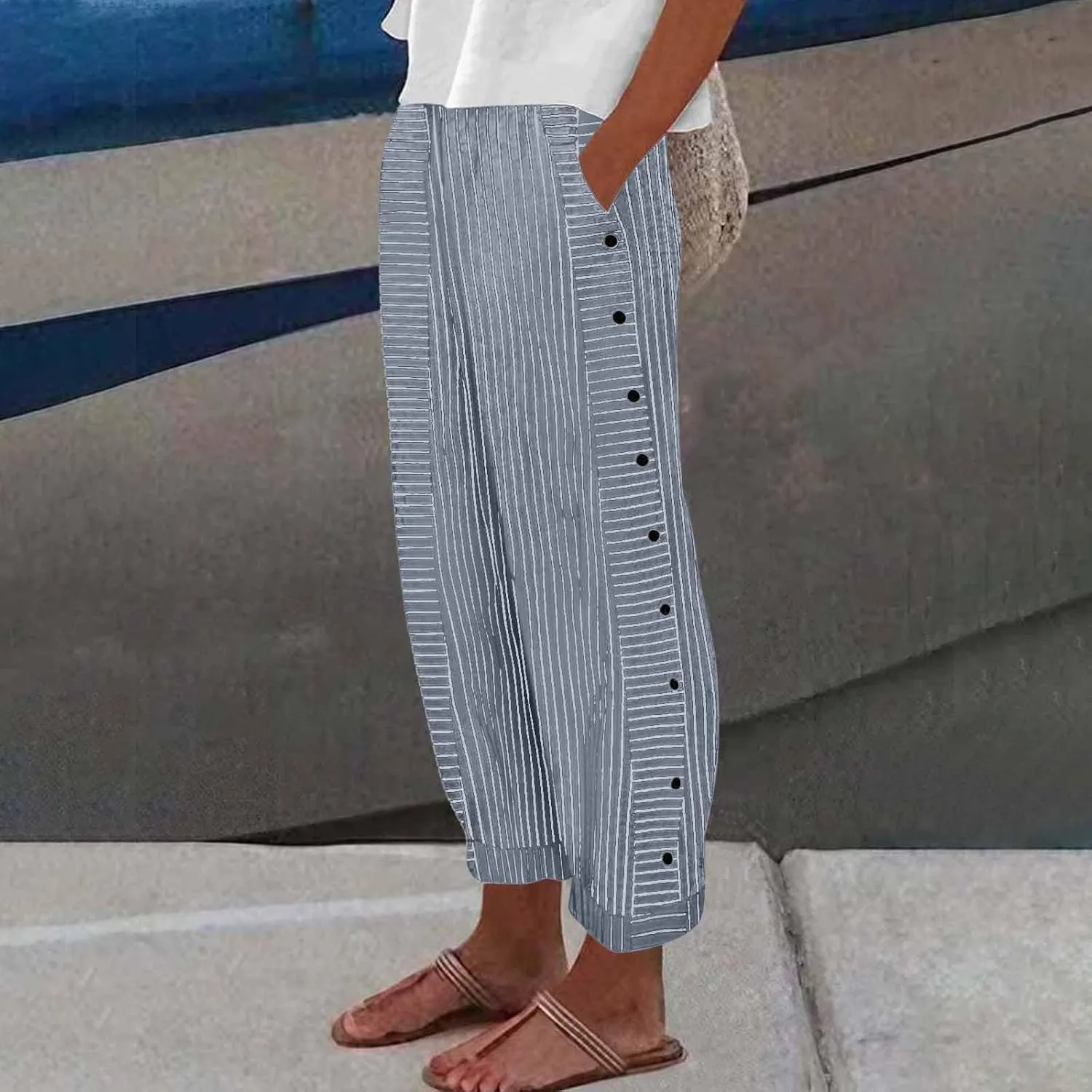 Women's Casual Pants Striped Side Button Elastic Waist Trendy Straight Leg Baggy Trousers with Pocket