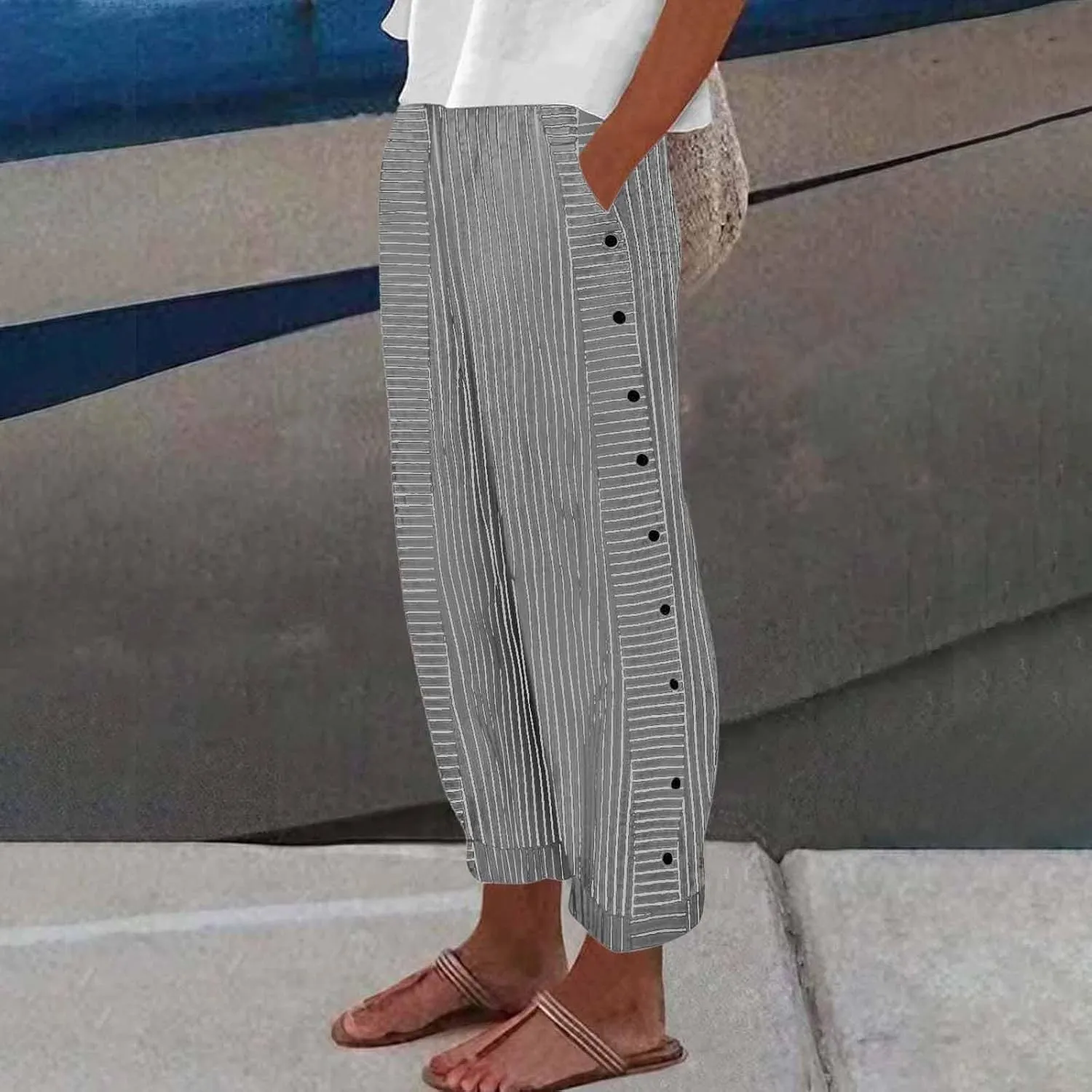 Women's Casual Pants Striped Side Button Elastic Waist Trendy Straight Leg Baggy Trousers with Pocket