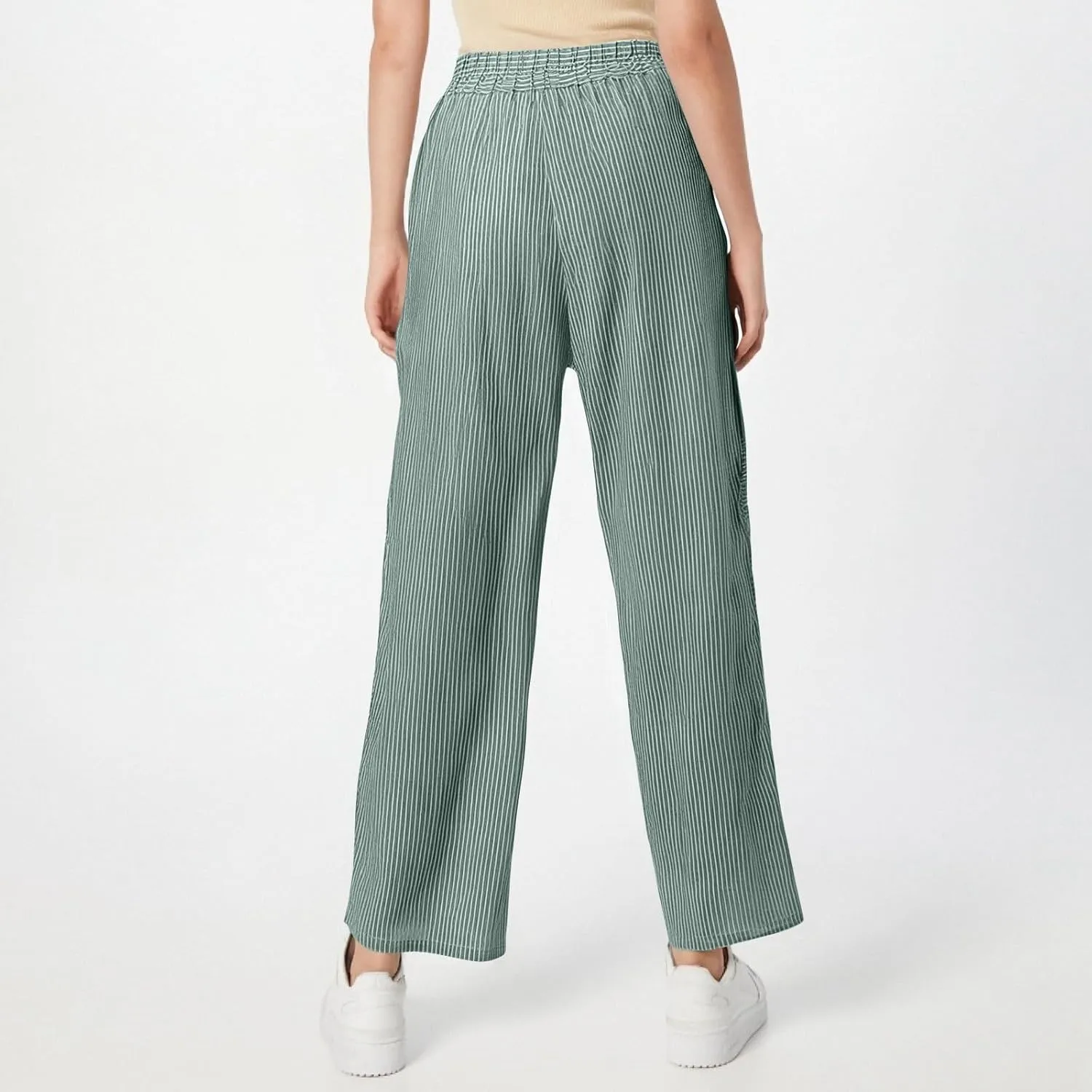 Women's Casual Pants Striped Side Button Elastic Waist Trendy Straight Leg Baggy Trousers with Pocket