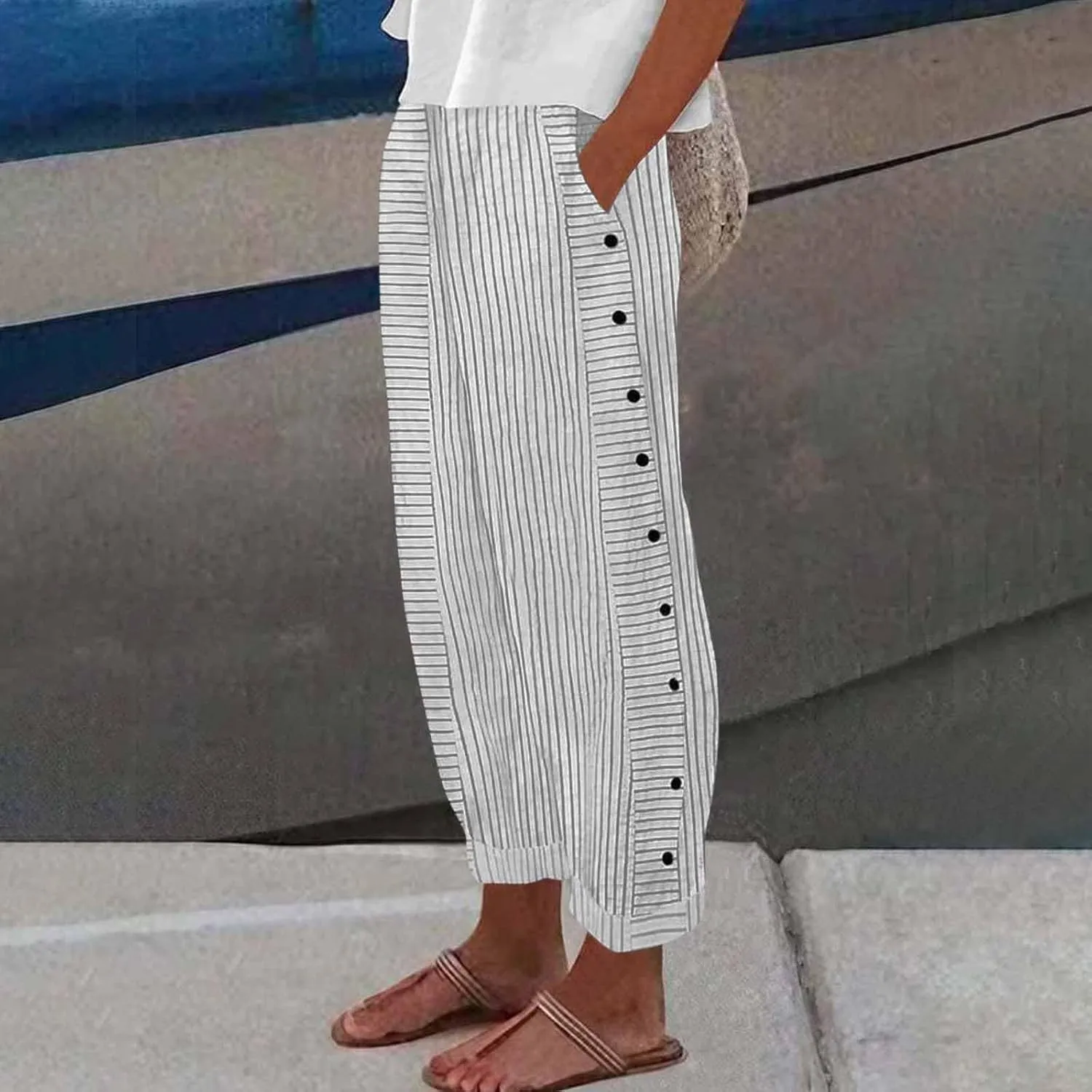 Women's Casual Pants Striped Side Button Elastic Waist Trendy Straight Leg Baggy Trousers with Pocket