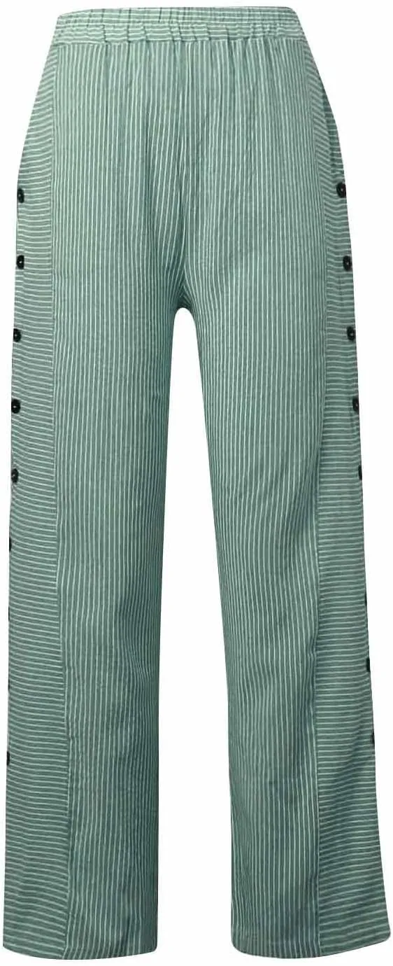 Women's Casual Pants Striped Side Button Elastic Waist Trendy Straight Leg Baggy Trousers with Pocket
