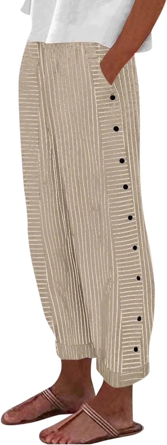 Women's Casual Pants Striped Side Button Elastic Waist Trendy Straight Leg Baggy Trousers with Pocket
