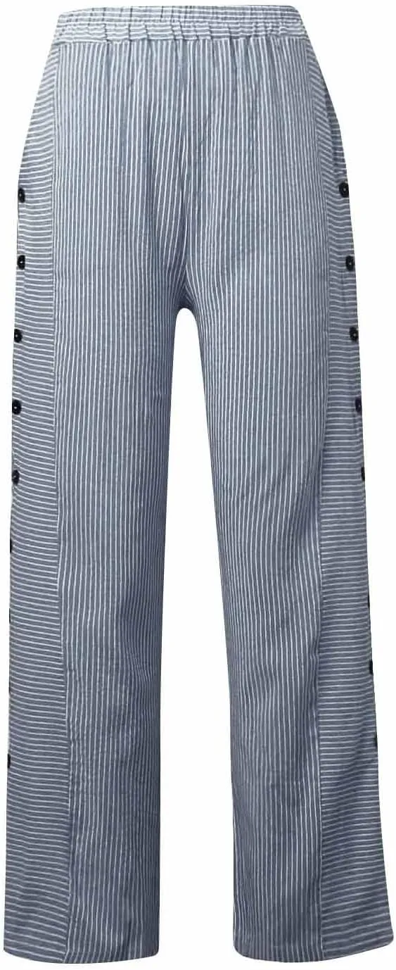 Women's Casual Pants Striped Side Button Elastic Waist Trendy Straight Leg Baggy Trousers with Pocket
