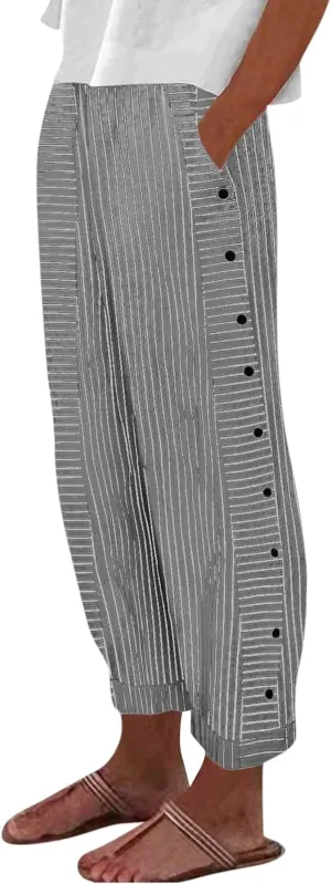 Women's Casual Pants Striped Side Button Elastic Waist Trendy Straight Leg Baggy Trousers with Pocket