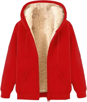 Women's Casual Winter Warm Sherpa Lined Hoodie Zip Up Fleece Sweatshirt Jacket Solid Color Versatile Fit Coats 2PC