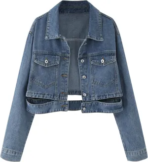 Womens Cropped Denim Jackets 2024 Trendy Button Up Shacket Fall Spring Long Sleeve Jean Coats Retro Petite Denim Coat