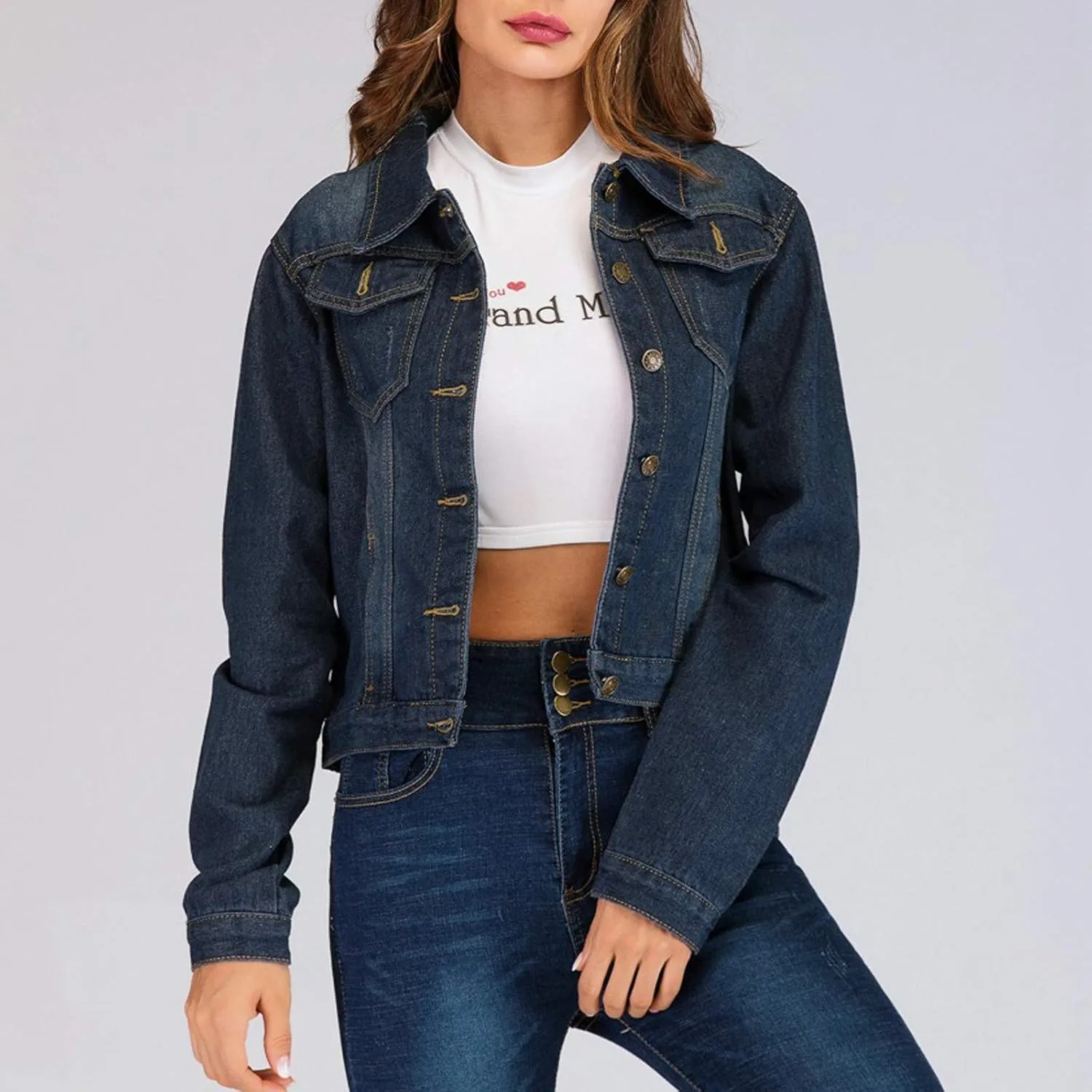 Women's Cropped Denim Jackets Oversize 2024 Long Sleeve Basic Button Down Jacket With Pocket Fitted Denim Jean Jacket