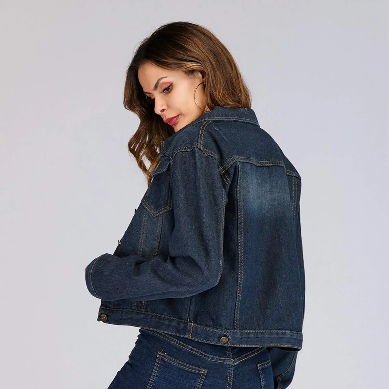 Women's Cropped Denim Jackets Oversize 2024 Long Sleeve Basic Button Down Jacket With Pocket Fitted Denim Jean Jacket