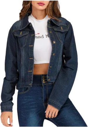 Women's Cropped Denim Jackets Oversize 2024 Long Sleeve Basic Button Down Jacket With Pocket Fitted Denim Jean Jacket