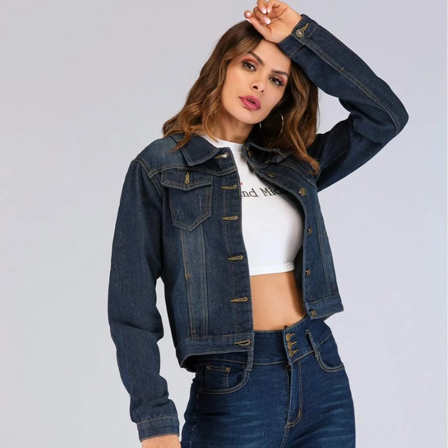 Women's Cropped Denim Jackets Oversize 2024 Long Sleeve Basic Button Down Jacket With Pocket Fitted Denim Jean Jacket
