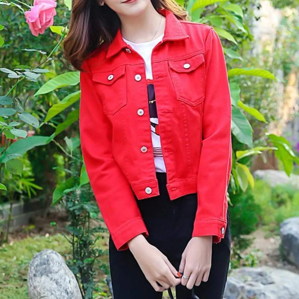 Womens Cropped Denim Jackets Short Basic 2024 Stretch Button Down Pocket Long Sleeve Jacket Fitted Crop Denim Jacket