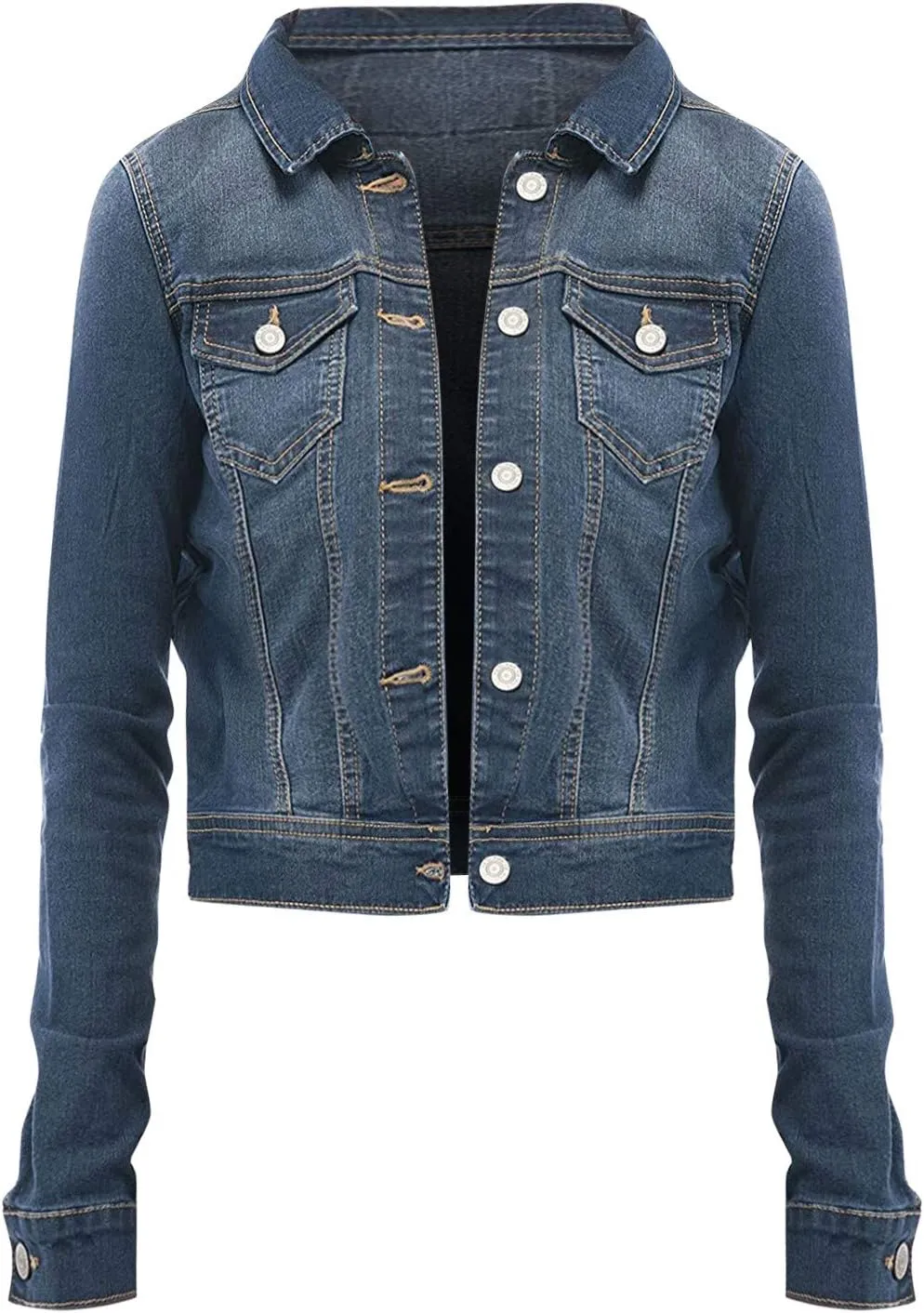 Womens Cropped Denim Jackets Trendy 2024 Stretch Button Down Pocket Long Sleeve Basic Jacket Fitted Denim Jean Jacket