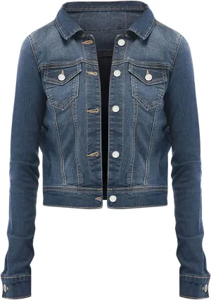 Womens Cropped Denim Jackets Trendy 2024 Stretch Button Down Pocket Long Sleeve Basic Jacket Fitted Denim Jean Jacket