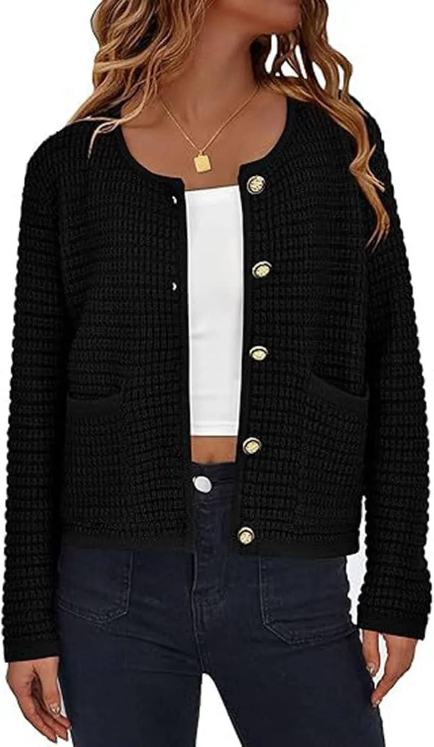 Womens Cropped Sweaters Long Sleeve Casual Button Down Cable Knit Chunky Open Front Cardigan Jackets Fall Sweaters