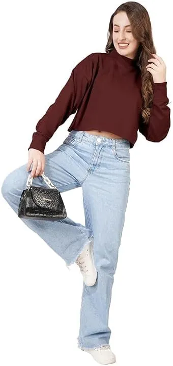 Women's Cropped Sweatshirts Long Sleeve Pull-On Fleece Crop Sweatshirts For Women's