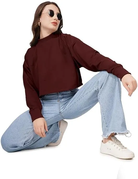 Women's Cropped Sweatshirts Long Sleeve Pull-On Fleece Crop Sweatshirts For Women's